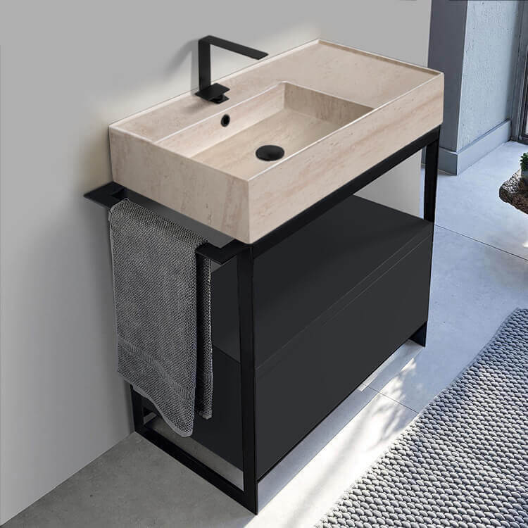 Scarabeo 5115-E-SOL1-49-One Hole Console Sink Vanity With Travertine Design Ceramic Sink and Matte Black Drawer